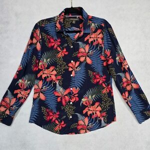 Tommy Bahama Womens 100% Silk Tropical Floral Fern Button Down Shirt Navy Small